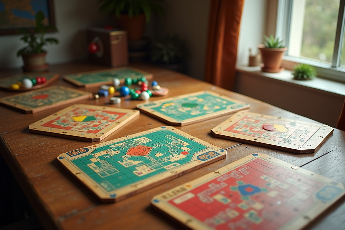 Plusieurs plateaux de jeu de lance vintage et modernes sur une table en bois