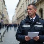 Policier français en uniforme à Caen observant la rue