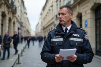 Policier français en uniforme à Caen observant la rue