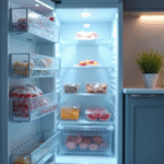 Portes de freezer entrouvertes dans une cuisine moderne avec givre