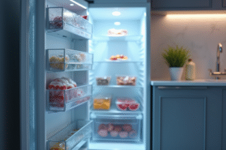 Portes de freezer entrouvertes dans une cuisine moderne avec givre