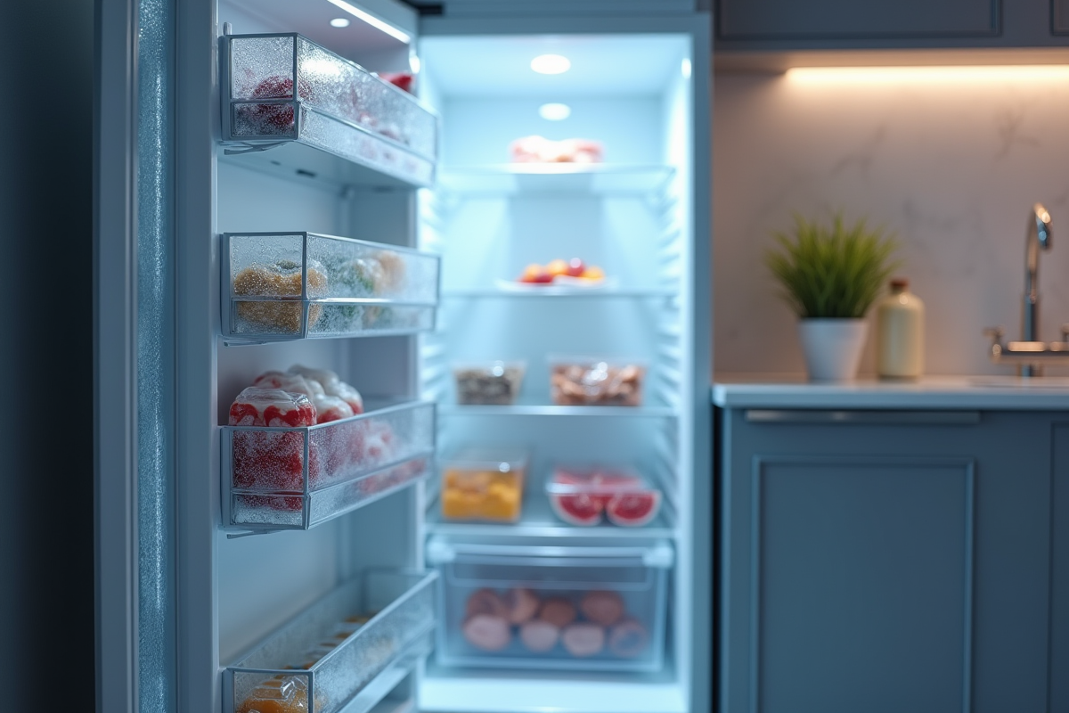 Portes de freezer entrouvertes dans une cuisine moderne avec givre