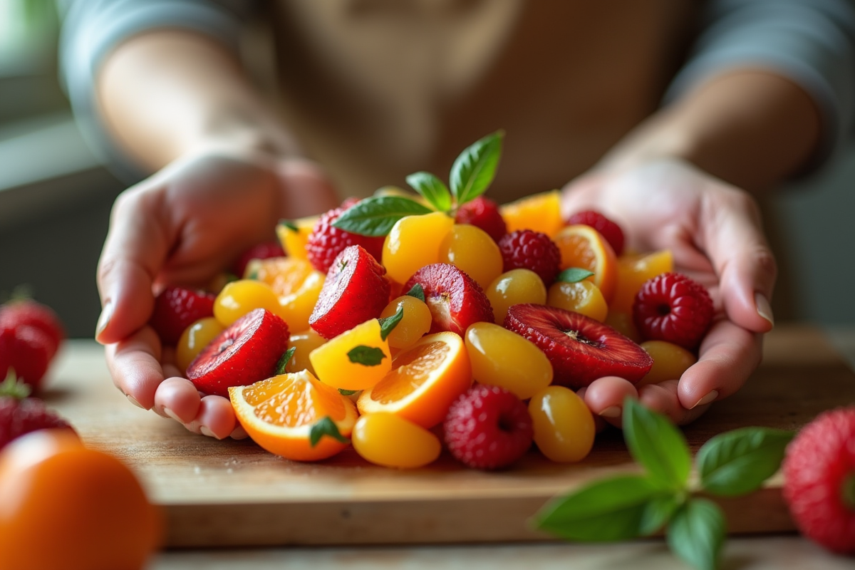 Mains préparant une salade de fruits avec tangerine et tamarind