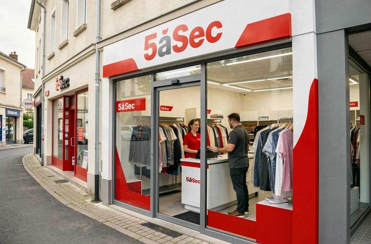 Boutique Pressing 5àSec en Essonne avec son enseigne rouge et blanche reconnaissable et une employée accueillant un client