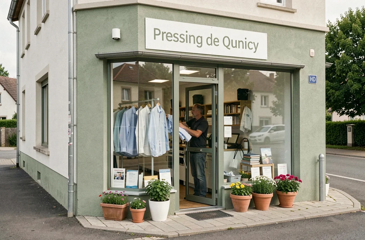 Devanture du Pressing de Quincy en Essonne avec un employé arrangeant des chemises propres derrière la vitrine