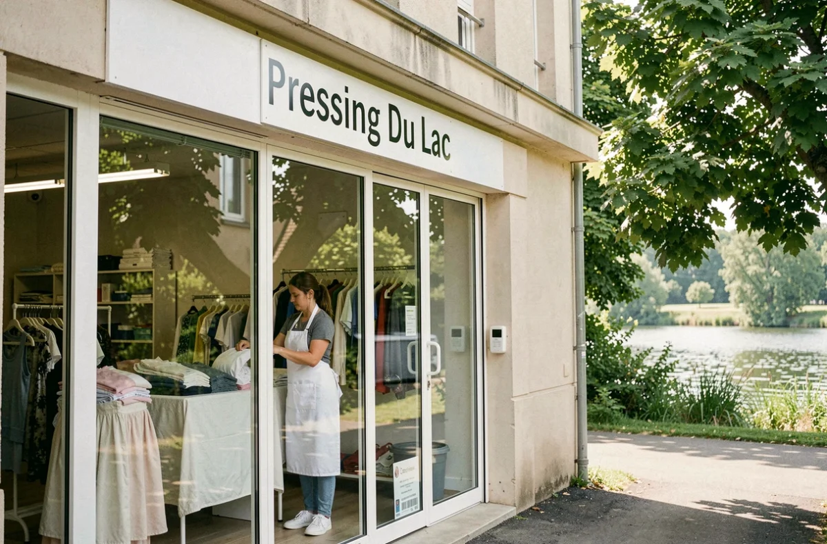 Façade du Pressing Du Lac en Essonne avec un cadre naturel verdoyant et un plan d'eau visible en arrière-plan