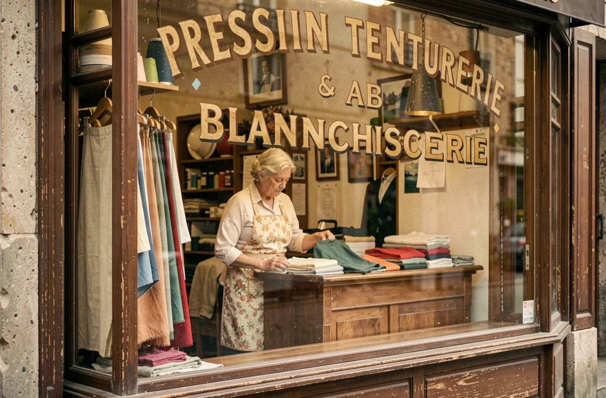 Pressing Teinturerie Blanchisserie à Athis-Mons en Essonne avec une ouvrière triant des vêtements dans un cadre artisanal