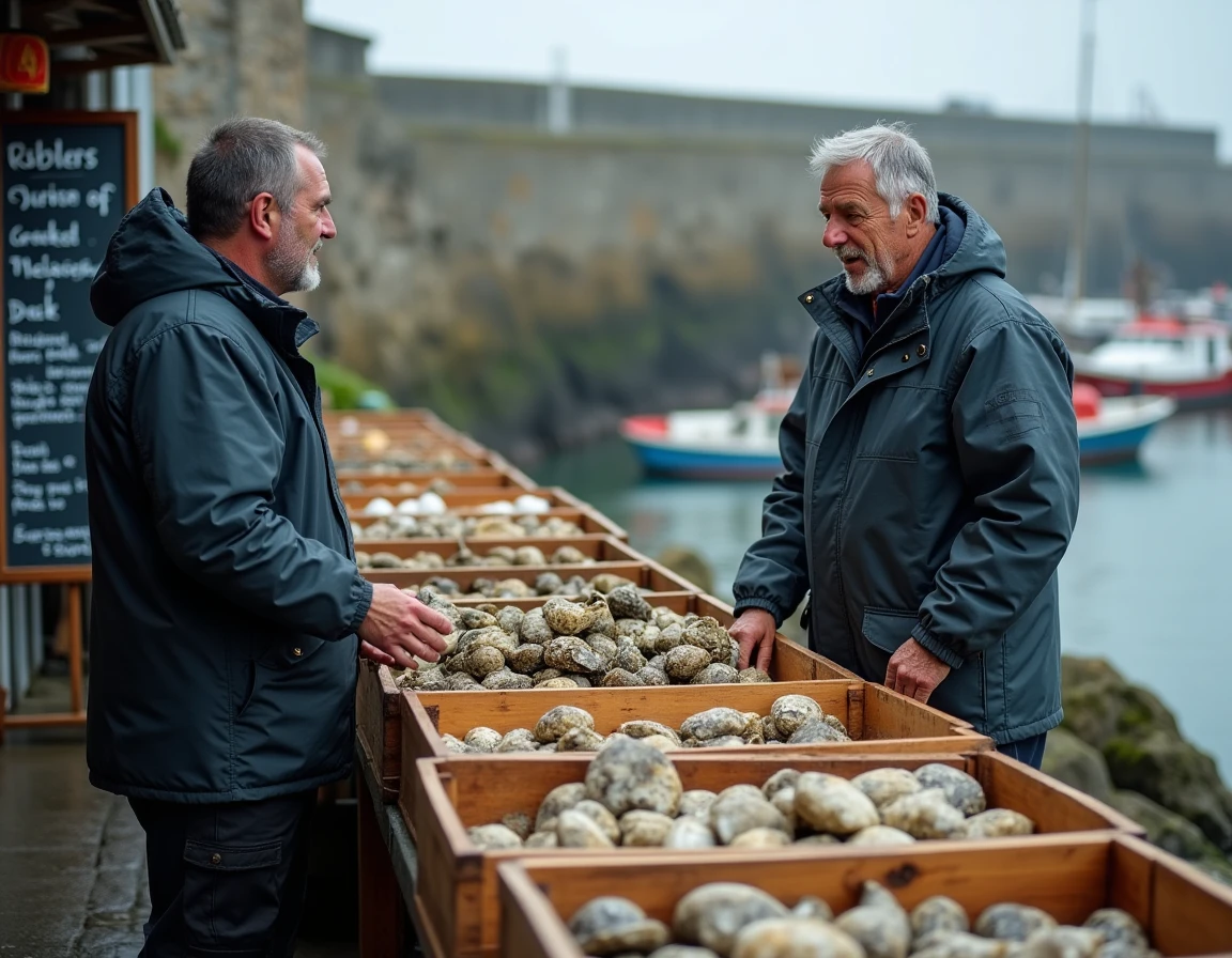 Producteurs de fruits de mer discutant devant des caisses d'huîtres fraîches au marché côtier du pays des Abers