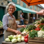 Productrice locale arrangeant des légumes frais sur un étal en bois au marché de Plouguerneau, pays des Abers