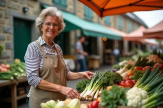 Productrice locale arrangeant des légumes frais sur un étal en bois au marché de Plouguerneau, pays des Abers