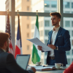 Jeune professionnel confiant présentant un rapport en bureau lumineux