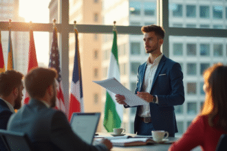 Jeune professionnel confiant présentant un rapport en bureau lumineux