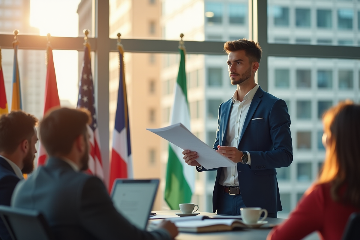 Jeune professionnel confiant présentant un rapport en bureau lumineux