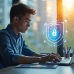 Jeune professionnel travaillant sur un ordinateur avec symbole de protection