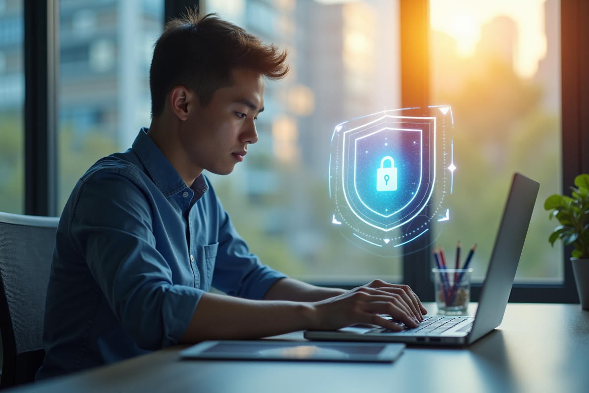 Jeune professionnel travaillant sur un ordinateur avec symbole de protection
