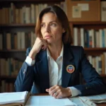 Journaliste engagée assise à son bureau encombré de notes et d'articles, incarnant le parcours professionnel de Rachel Garrat-Valcarcel
