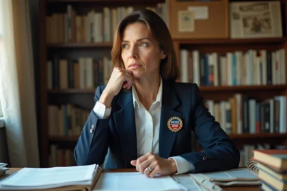 Journaliste engagée assise à son bureau encombré de notes et d'articles, incarnant le parcours professionnel de Rachel Garrat-Valcarcel