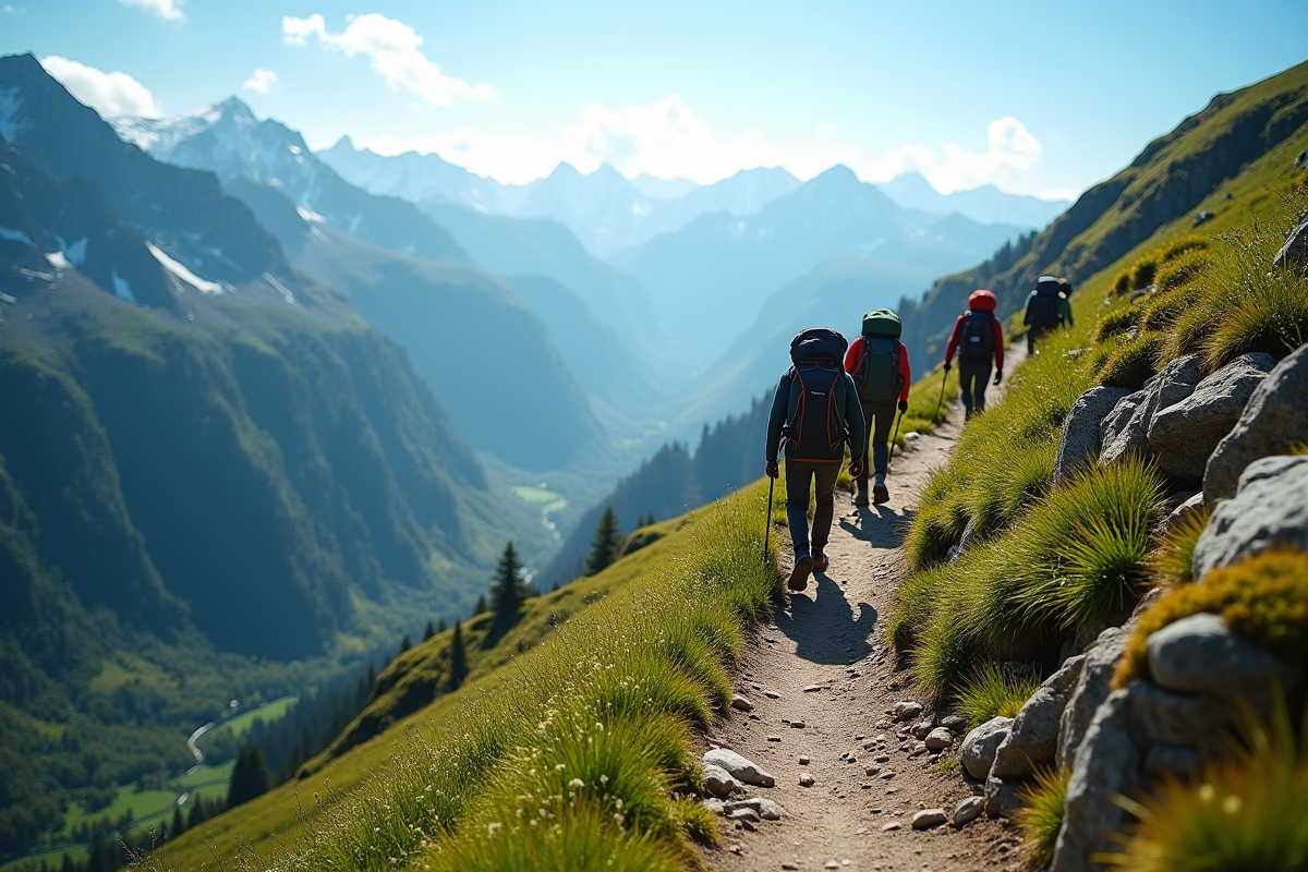 Randonneurs en montagne sur un sentier escarpé