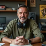 Réalisateur de film en montage avec bobines et posters