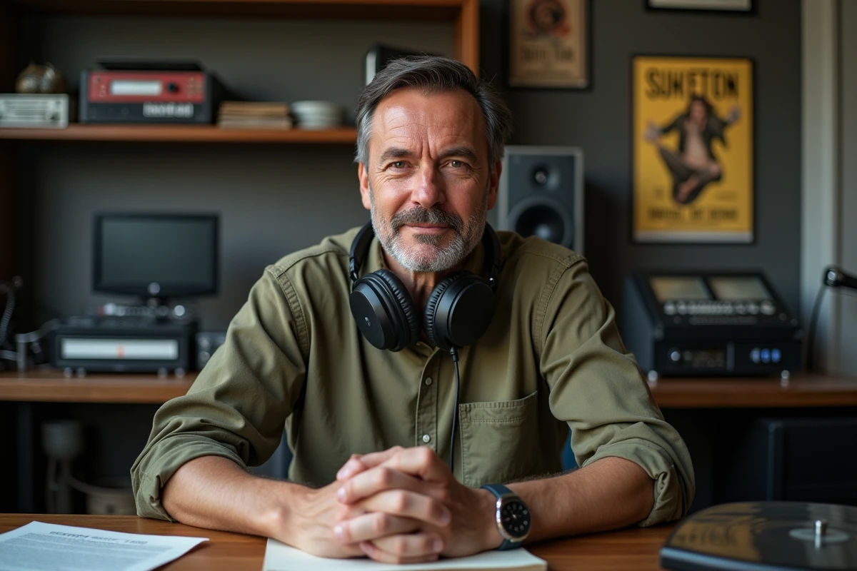 Réalisateur de film en montage avec bobines et posters