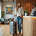 Jeune femme souriante à la réception d'un hôtel convivial