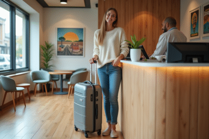 Jeune femme souriante à la réception d'un hôtel convivial