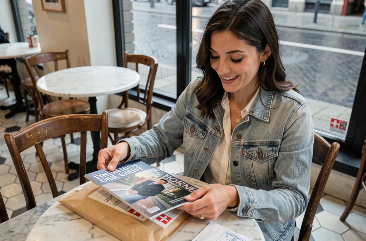 Femme recevant et déballant un exemplaire du magazine Garan Cedore commandé depuis la Belgique dans un café bruxellois