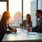 Jeune couple rencontrant un banquier dans un bureau lumineux