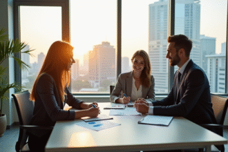 Jeune couple rencontrant un banquier dans un bureau lumineux