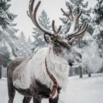 Renne majestueux dans une forêt enneigée avec un harnais rouge portant des flocons de neige sur ses bois