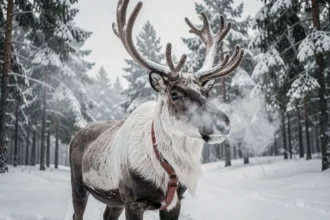 Renne majestueux dans une forêt enneigée avec un harnais rouge portant des flocons de neige sur ses bois