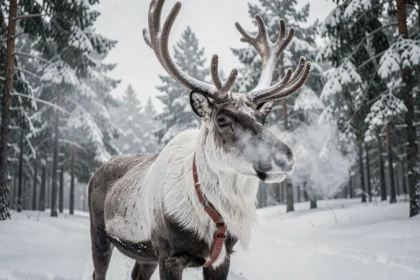 Renne majestueux dans une forêt enneigée avec un harnais rouge portant des flocons de neige sur ses bois