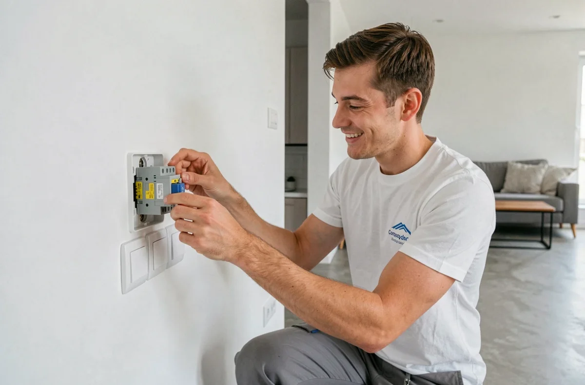 Électricien Renoolab installant des interrupteurs domotiques dans un appartement rénové à Montreuil