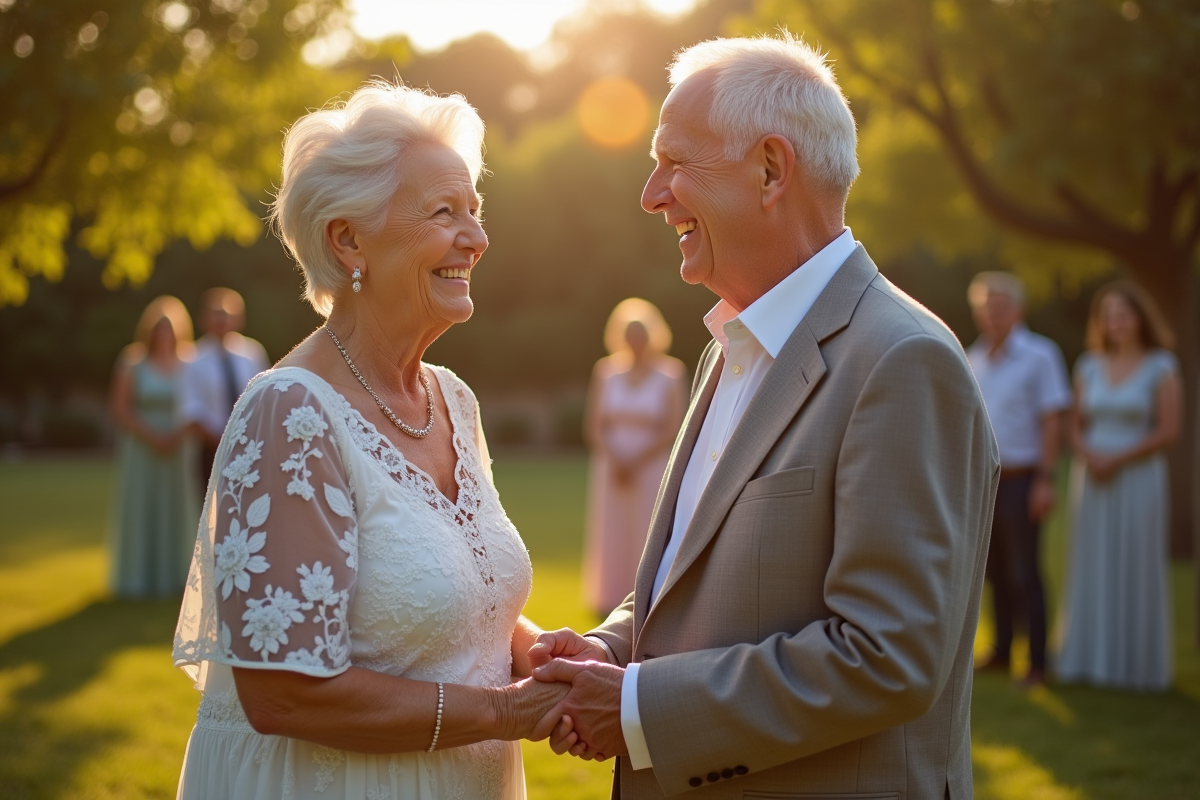 Couple âgé échangeant des vœux dans un jardin ensoleille