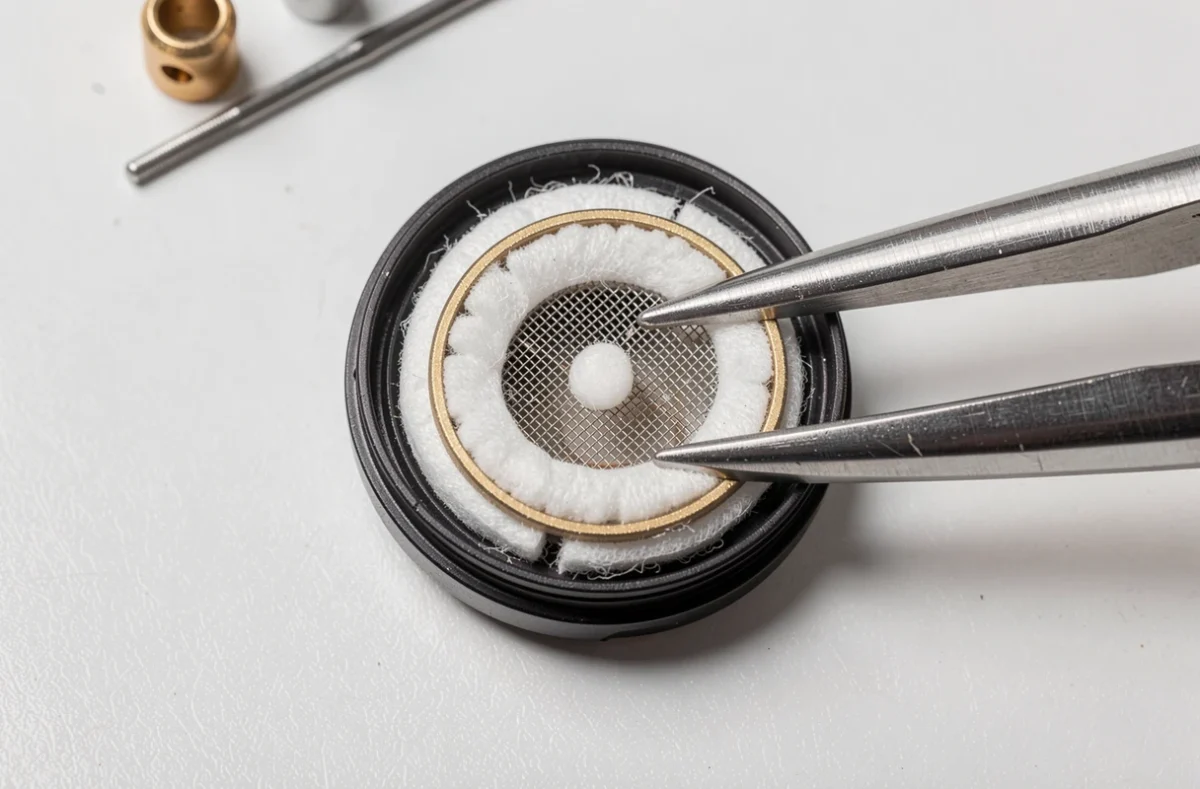 Résistance de cigarette électronique ouverte montrant le coton et le coil