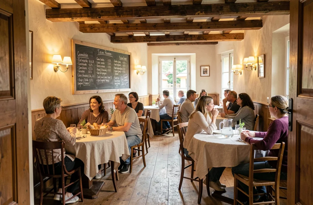 Restaurant familial rustique proche de Bagatelle avec décoration en bois et menu régional au tableau