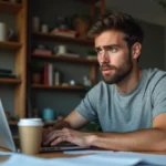Un homme consultant son ordinateur portable à son bureau à domicile, semblant préoccupé par des risques liés à des codes d'accès illégaux pour Canal Plus