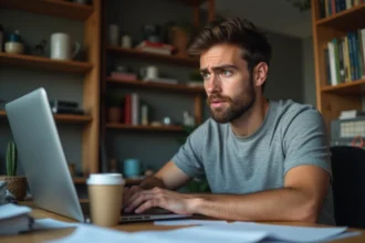 Un homme consultant son ordinateur portable à son bureau à domicile, semblant préoccupé par des risques liés à des codes d'accès illégaux pour Canal Plus