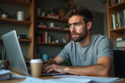 Un homme consultant son ordinateur portable à son bureau à domicile, semblant préoccupé par des risques liés à des codes d'accès illégaux pour Canal Plus