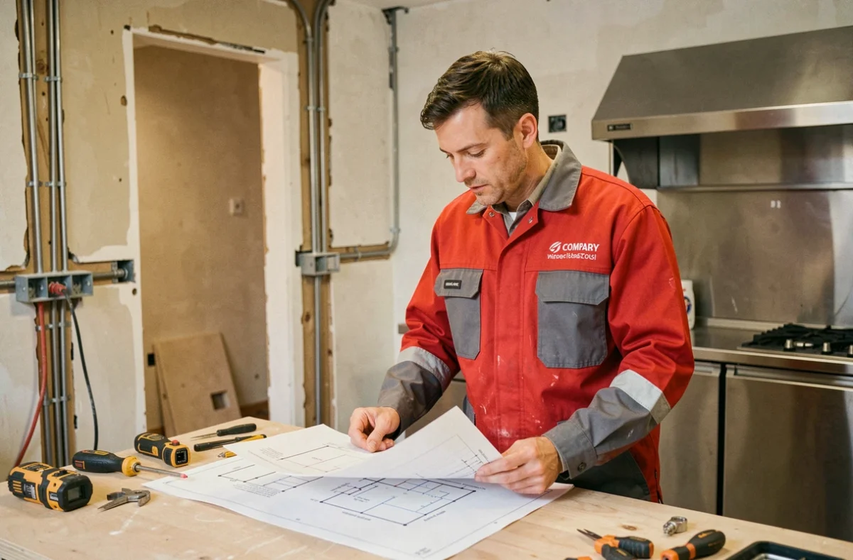Électricien RVF consultant des plans électriques dans un chantier de rénovation commerciale à Montreuil