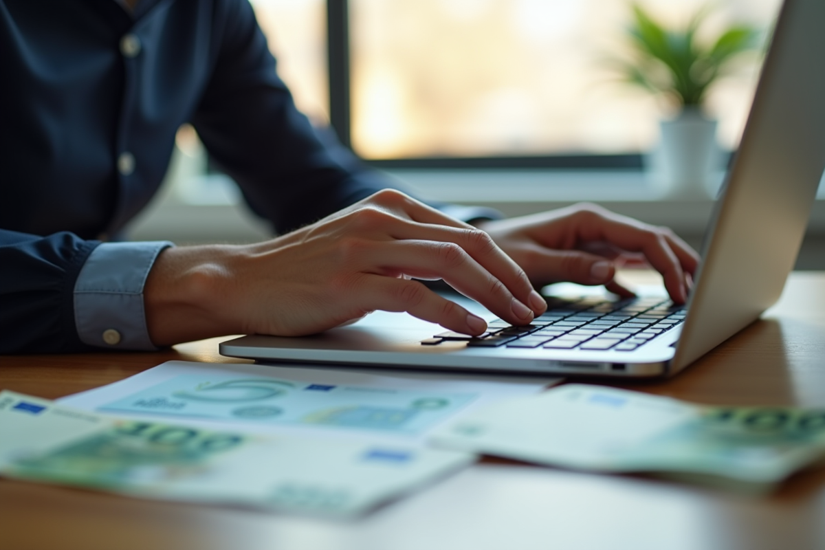 Mains tapant sur un ordinateur portable avec des billets d
