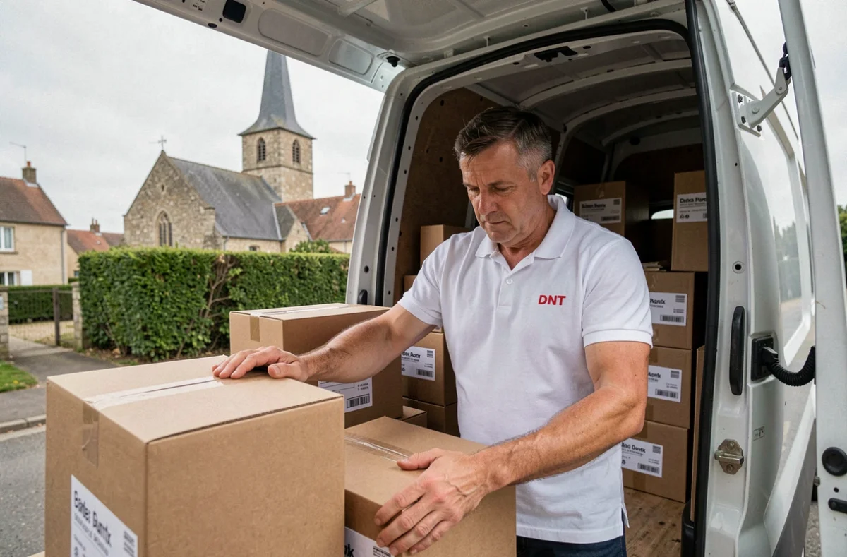 Déménageur de la SARL DNT empilant des cartons étiquetés dans une camionnette dans une rue d'un bourg de la Somme