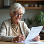 Femme senior souriante lit ses documents de pension à la maison