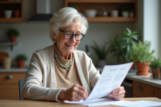 Femme senior souriante lit ses documents de pension à la maison