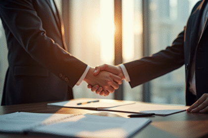 Poignée de main entre avocat et client dans un bureau
