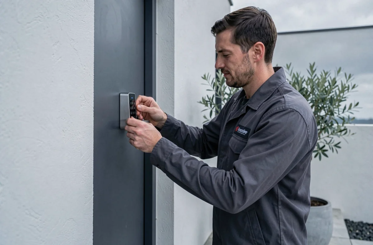 Un technicien de Servi29 installe une serrure électronique connectée sur une porte d'entrée moderne dans le Finistère