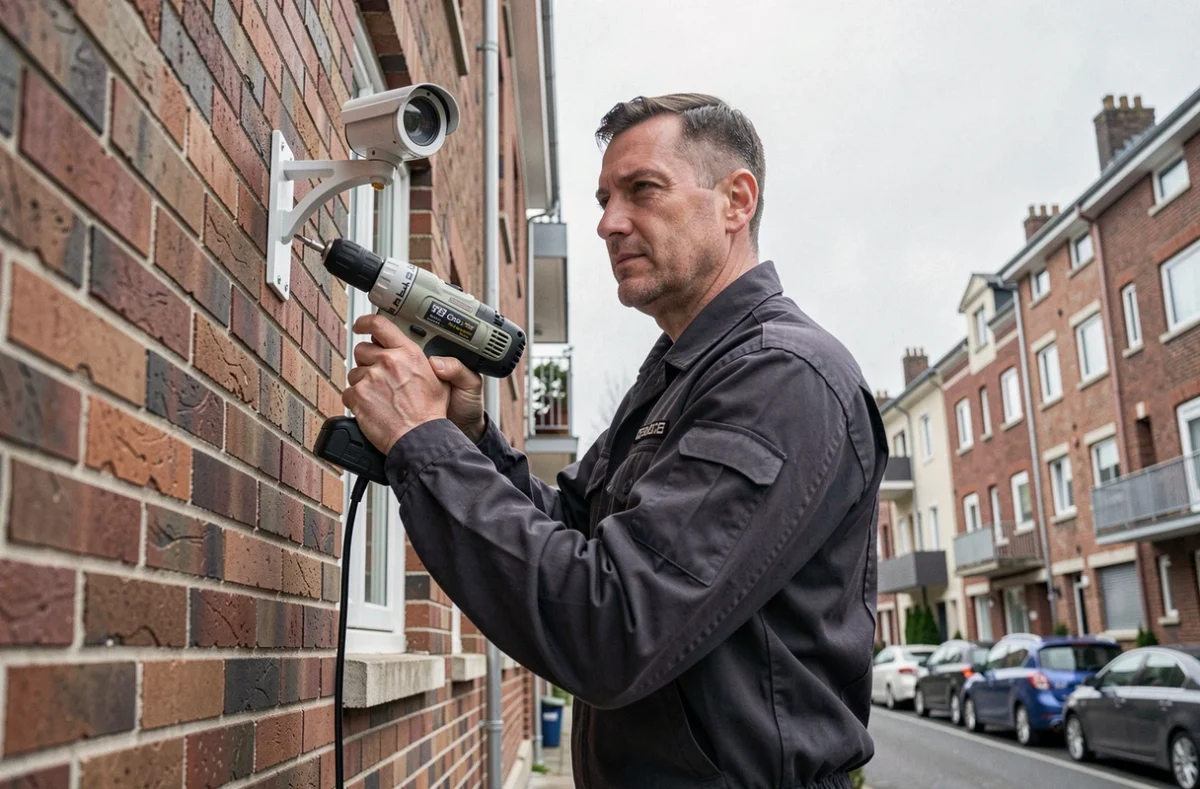 Technicien Sodex Protection installant une caméra de surveillance sur la façade d'un immeuble à Montreuil