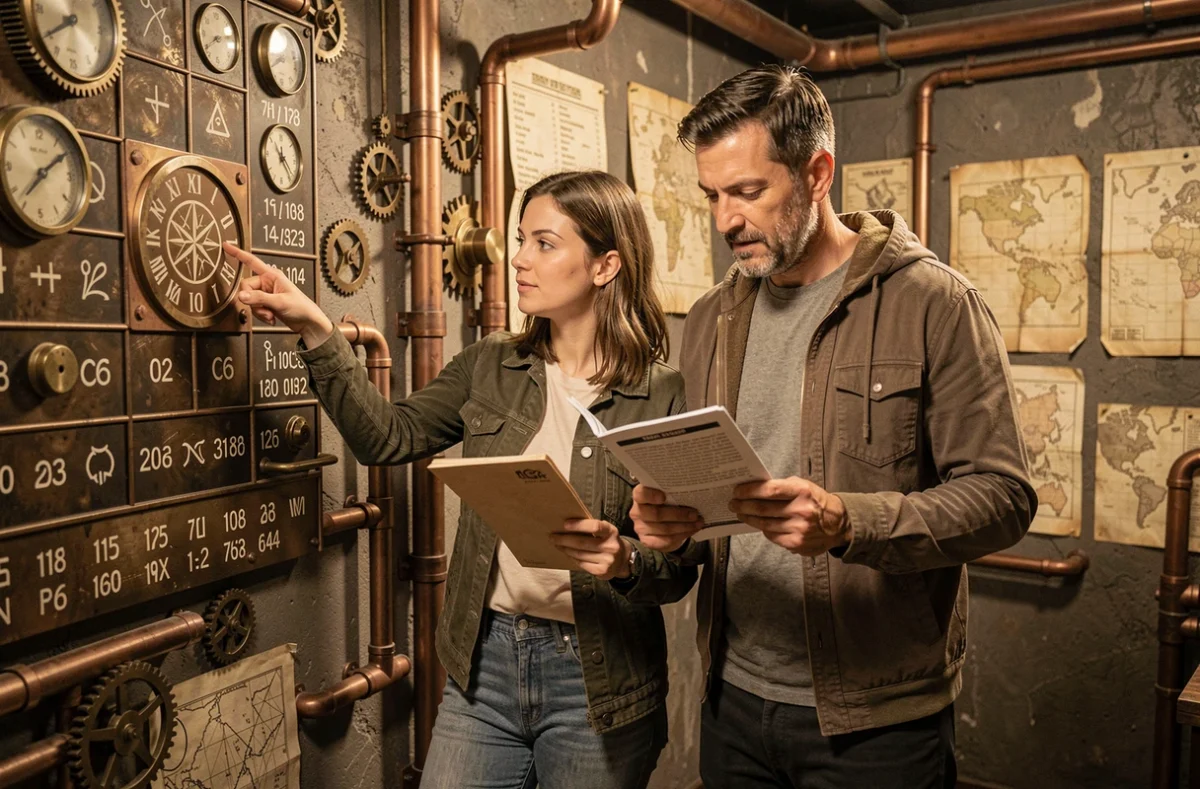 Deux joueurs adultes devant un panneau d'énigmes dans une escape room steampunk en train de résoudre une soluce de Rooms and Exits