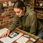 Jeune femme consultant une soluce de Rooms and Exits sur son téléphone dans une escape room avec des indices éparpillés sur une table en bois
