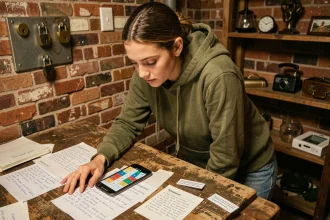 Jeune femme consultant une soluce de Rooms and Exits sur son téléphone dans une escape room avec des indices éparpillés sur une table en bois